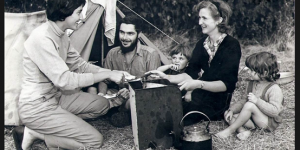 Figure 1: Allchin (right) with her husband, children (Sushila and William) and colleague in 1956. Children did not hamper Allchin’s passion for fieldwork, there are tales of her leaving them in baskets on the hillside whilst collecting stone tools, despite warnings from locals about leopards (Coningham 2017).