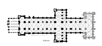 Figure 3: Durham Cathedral, a monument to Christianity with the cruciform floor plan (right (Dehio, 1901, 119)), and immense scale (left (Buck, 2020)) embodying ritual through visual grandeur and metaphor. 