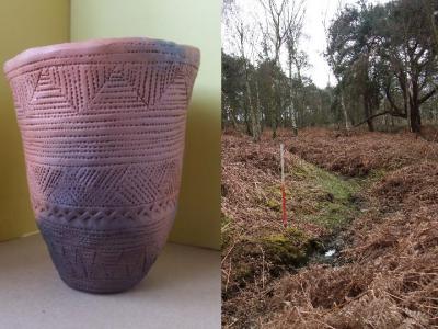 Figure 2 - Replica Bronze Age Beaker (left) and Bronze Age burial mound being surveyed (right) (Image Copyright - Mark Simpson)