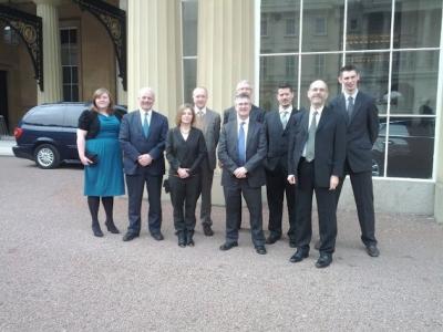 Figure 2 - From left, Chloe Lewis (Year 3 student), Brian Cantor (Vice-Chancellor), Doctor Kate Giles, Doctor John Schofield, Sir Christopher O'Donnell (Chair of University Council), Professor Julian Richards, James Stuart Taylor (PhD student), Professor Matthew Collins and Ben Elliott (PhD student) at the palace. (Image Copyright - Matthew Collins)