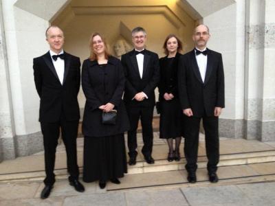 Figure 1 - From left, Doctor John Schofield, Catherine Hardman (ADS), Professor Julian Richards, Doctor Kate Giles and Professor Matthew Collins, ready to attend the prize-winners banquet. (Image Copyright - Matthew Collins)