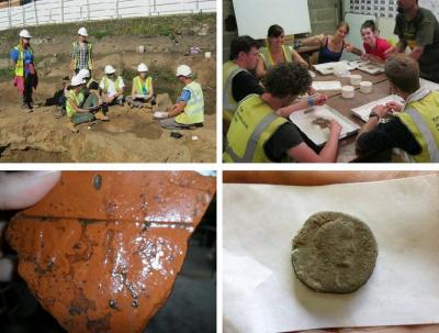 Figure 5 - Top Left: Ben explaining something to the trainees (sat on the oor right) and placements. Top Right: Trainees undertaking environmental sampling. Bottom Left: 9th Roman Legion marked CBM. Bottom Right: Roman Coin. (Image Copyright - YAT Archaeology Live! 2011)