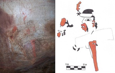 Figures 5-6 (L-R): Photograph and scale drawing of Juxtlahuaca Painting 1, Figure D (Image Copyright: Arnaud F. Lambert)