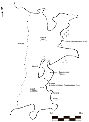 Figure 2: Map of Oxtotitlán cave, showing the location of the different grottoes and various rock paintings (Image Copyright: Arnaud F. Lambert)