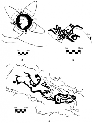 Figure 4: Scale drawings of the Oxtotitlán cave Painting 1-a (a), 1-b (b) and 1-c (c) (Image Copyright: Arnaud F. Lambert)