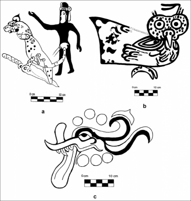 Figure 5: Scale drawings of the Oxtotitlán cave Painting 1-d (a), 1-e (b) and 3 (c) (Redrawn after Figure 15 in Grove 1970b, 19) (Image Copyright: Arnaud F. Lambert)
