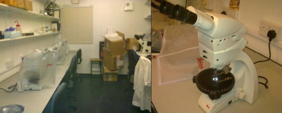 Figures 3-4 (L-R): Converting space in BioArCh into a microscope laboratory; one of the new Leica DM750P microscopes with integrated digital camera (Image Copyright: Lisa-Marie Shillito)