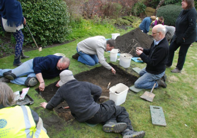 Figure 3: A community excavation on the lawn outside the YAS headquarters in Leeds held in association with the WEA Digability Project (Image Copyright: Yorkshire Archaeological Society)