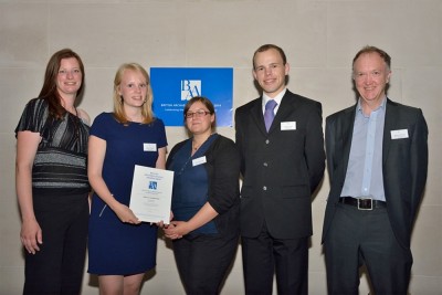 Figure 2. Representatives from The Post Hole and the Head of the Department of Archaeology at The University of York Dr John Schofield collecting their BAA 2014 certificate (L - R: Rianca Vogels, Emily Taylor, Katie Marsden and David Altoft) (Image Copyright: British Archaeological Awards 2014).