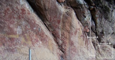 Figure 5. The new sections of rock paintings in relation to other parts of the painted panel. (Image Copyright: Arnaud F. Lambert).