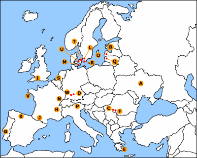 Figure 1: Mesolithic burial sites with evidence of violence according to Estabrook (2014). Chronology is represented alphabetically, with A representing the earliest site, and V the latest. The exception is W, which is not included in Estabrook's list. A: Voloshkoe and Vasilyevka, Dneiper Rapids, Ukraine; B: Zvejnieki, Latvia; C: Vlasac, Lepenski Vir (Iron Gates), Serbia-Romania; D: Ofnet, Germany; E: Franchthi Cave, Greece; F:Schela Cladovei, Romania; G: Muge, Portugal; H:Culoz, France; I: Gough's Cave, UK; J: Trou Violet, France; K: Colombres, Spain; L: Tågerup, Sweden; M: Møllegabet, Denmark; N: Mannlefelsen, France; O: Stora Bjers, Norway; P: Vatte Di Zambana, Italy; Q: Donkalnis, Lithuania; R:Skateholm, Sweden; S:De Bruin, Netherlands; T: Gøngehusvej, Denmark, U: Korsør Nor, Denmark; V: Téviec and Hoëdic, France; W: Hohlenstein Stadel, Germany. (Basemap from www.youreuropemap.com)