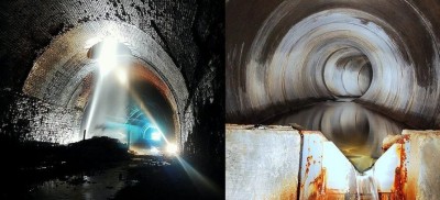 Left to right. Figure 5: Spectacular image of water pouring down an old ventilation shaft in a disused mine; Figure 6: Underground tunnel at Roundhay Park, Leeds (credit: Davidson, P.)